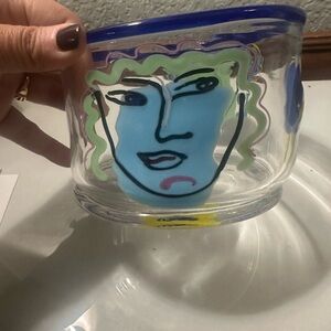 Bernstein art Glass Bowl with Artistic Blue & green Face Design signed